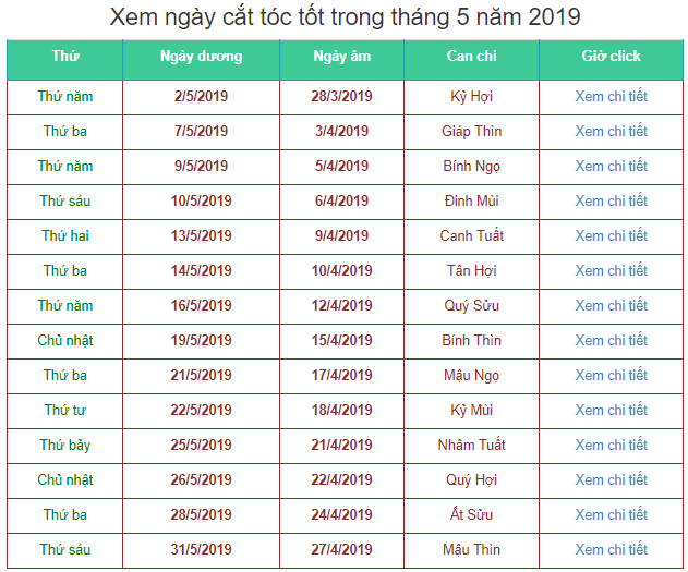 Lịch Cắt Tóc tháng 5/2019 - Xem ngày tốt Cắt Tóc kích Tài Lộc May Mắn